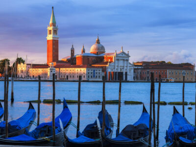 Gondolas in the Grand Canal at sunset, Venice