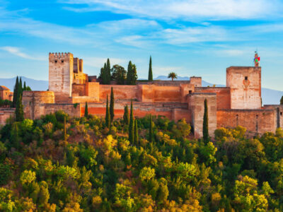 The Alhambra aerial panoramic view. The Alhambra is a fortress complex located in Granada city, Andalusia region in Spain.