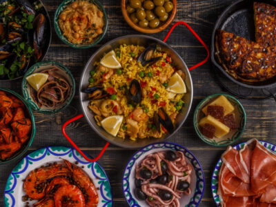 Typical spanish tapas concept, top view.