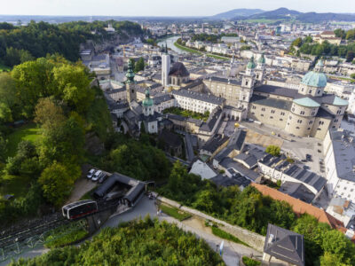 Gorgeous view of Salzburg city viewing the historic centre , Salzburg Cathedral and Salzach river , listed as a UNESCO World Heritage Site , from Hohensalzburg Fortress , Austria