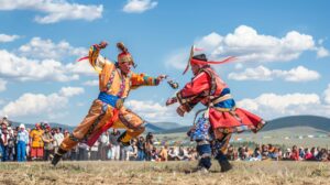 Doi bărbați în costume tradiționale mongole într-un dans ritualic Mongolia Festivalul Naadam Circuit grup iulie 2026 cu Terra Incognita