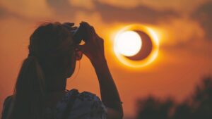 Femeie privind cu ochelari speciali eclipsa totală de soare în Islanda august 2026 circuit de grup Terra Incognita