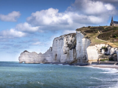 Panorama landscape of Etretat, great place in France to visit. Wide angle for a great view, with vibrant colors and good lights