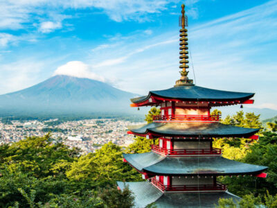 Chureito pagoda with the mount Fuji view in summer, in Arakurayama Sengen Park, Fujiyoshida, Yamanashi, Japan. High quality photo