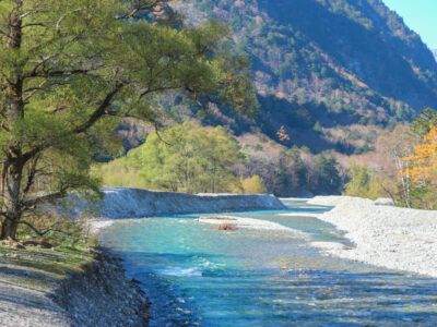 natural blue river among Japanese alps mountain at Kamikochi Nagano Japan.