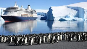 Vas de croazieră în Antarctica navigând printre ghețari, cu pinguini în prim-plan – circuit de grup America de Sud ianuarie 2027