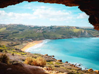An aerial shot of a beautiful sea in summer in Gozo, Malta