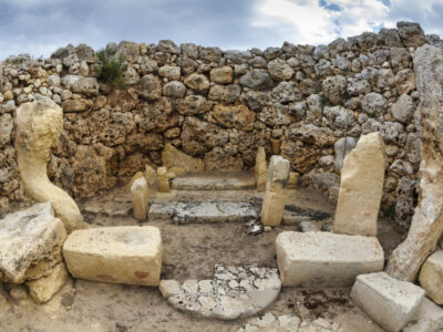 Malta Island, Gozo, the ruins of Ggantija Temples (3600-3000 BC), the megalithic complex was erected in three stages by the community of farmers and herders inhabiting the small island of Gozo. Rituals of life and fertility seem to have been practised within the Temples more than five thousand years ago.