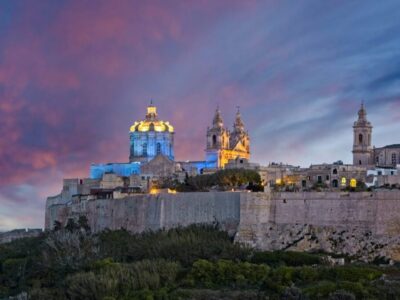 The medieval city of Mdina in Malta, at dusk.