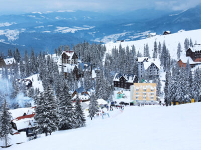 Beautiful mountain ski resort on snowy day. Winter vacation