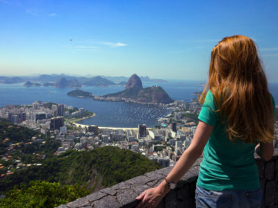 girl tourist with a backpack on the background Rio de Janeiro. view on Pao de Acucar