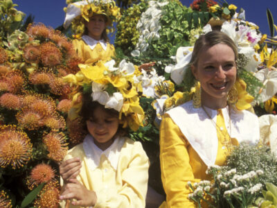 a parade of the Spring Flower Festival in the city of Funchal on the Island of Madeira in the Atlantic Ocean of Portugal.