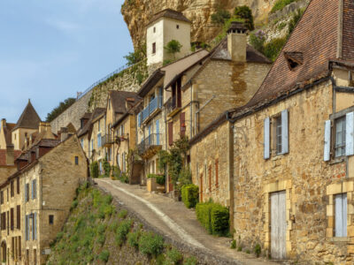 Street with historical houses in Beynac-et-Cazenac, Dordogne department, France
