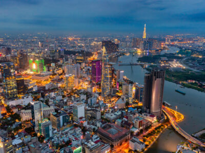 Aerial photo of Ho Chi Minh city skyline at night. High quality photo