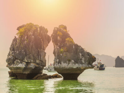 Beautiful landmark  in Ha Long Bay, The Kissing Rocks in Ha long Bay, Vietnam.