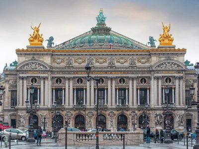 PARIS  - MAY 06: Facade of Palais Garnier or Opera Garnier during spring rainy day in Paris on May 06. 2017 in France