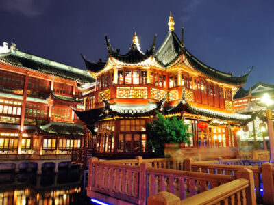 Historical pagoda stile building in Shanghai at night