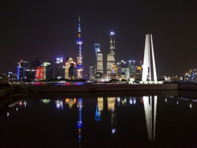 Panoramic picture of skyscrapers of Pudong district from the Bund in Shanghai at night