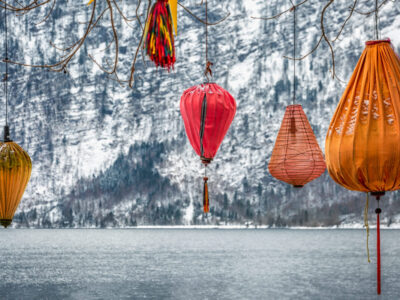 Scenic picture-postcard view of famous Hallstatt mountain village in the Austrian Alps at beautiful light in winter, Salzkammergut region, Hallstatt, Austria.