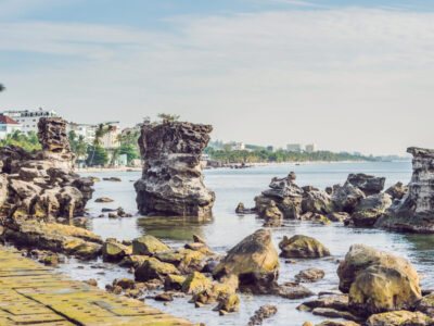 Rocks in the sea and view of the island of Phu Quoc, Vietnam.