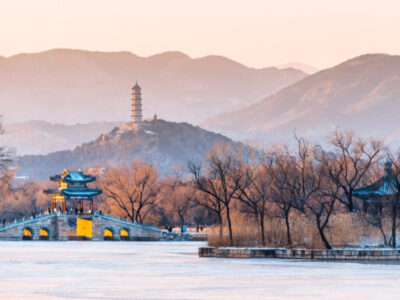 Sunset Scenery of Liuqiao and Yufeng Pagoda in the Summer Palace of Beijing, China