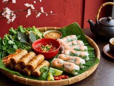 Authentic Vietnamese fresh and crispy fried spring rolls are presented with vibrant herbs. Traditional dipping sauces and soothing hot tea complete this delightful culinary experience.
